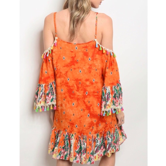 Orange Boho Cold Shoulder Dress - Picture 2 of 3